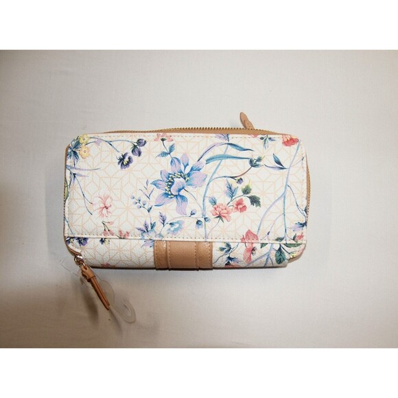 Floral faux leather Tan Large Zip Around Wallet many compartments NEW - Picture 3 of 3